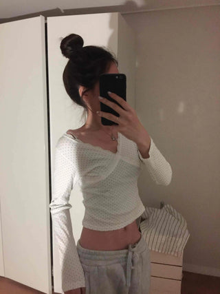 Soft Sexy Shirred Square Neck Polished Long Sleeve Tee