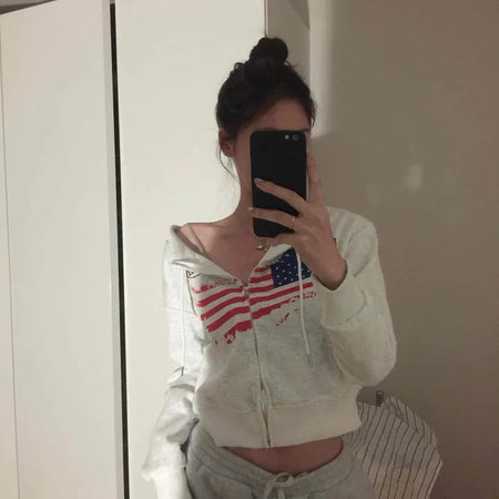 Relaxed Casual Cropped Zip-Up Hoodie