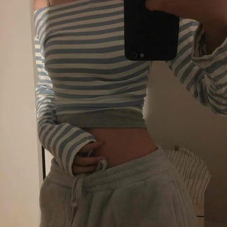 French Chic Off-Shoulder Border Slim Fit Long Sleeve Tee