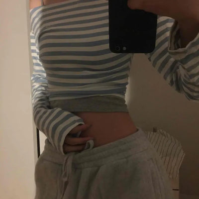 French Chic Off-Shoulder Border Slim Fit Long Sleeve Tee
