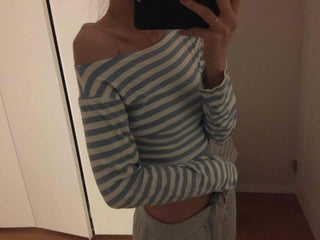French Chic Off-Shoulder Border Slim Fit Long Sleeve Tee