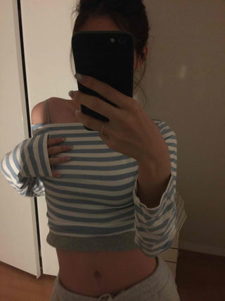 French Chic Off-Shoulder Border Slim Fit Long Sleeve Tee