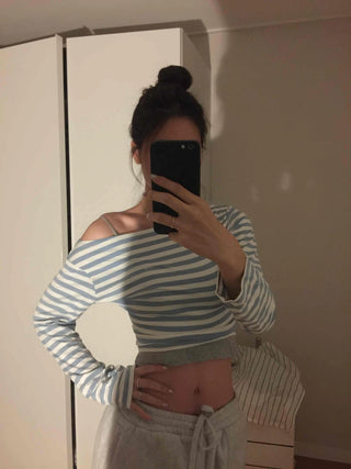 French Chic Off-Shoulder Border Slim Fit Long Sleeve Tee