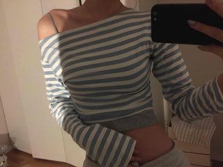 French Chic Off-Shoulder Border Slim Fit Long Sleeve Tee