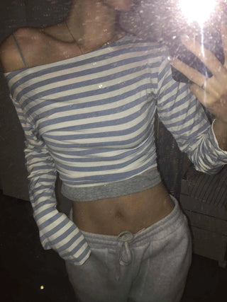 French Chic Off-Shoulder Border Slim Fit Long Sleeve Tee