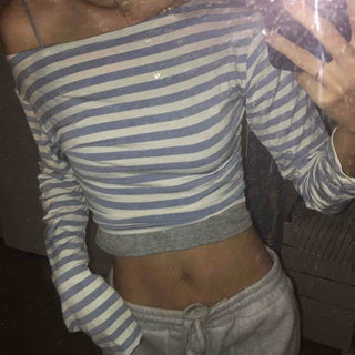 French Chic Off-Shoulder Border Slim Fit Long Sleeve Tee