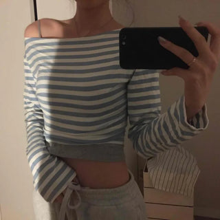 French Chic Off-Shoulder Border Slim Fit Long Sleeve Tee