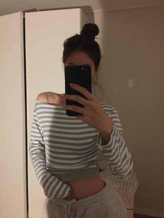 French Chic Off-Shoulder Border Slim Fit Long Sleeve Tee