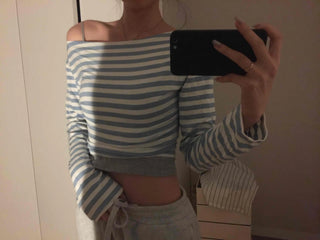 French Chic Off-Shoulder Border Slim Fit Long Sleeve Tee