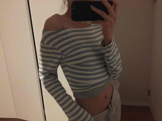 French Chic Off-Shoulder Border Slim Fit Long Sleeve Tee