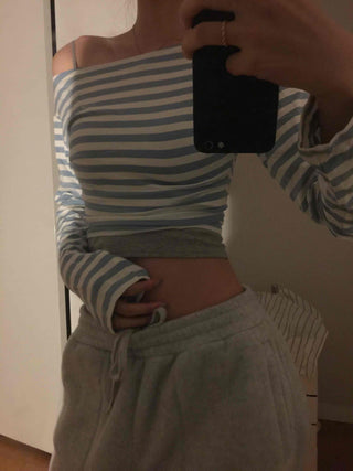French Chic Off-Shoulder Border Slim Fit Long Sleeve Tee
