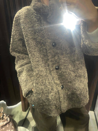 Cozy Melange Texture Collarless Single-Button Coat