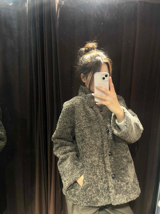 Cozy Melange Texture Collarless Single-Button Coat