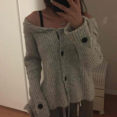 Ribbed Knit Off-Shoulder Button Cardigan