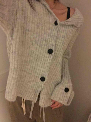 Ribbed Knit Off-Shoulder Button Cardigan