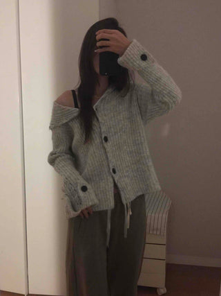 Ribbed Knit Off-Shoulder Button Cardigan