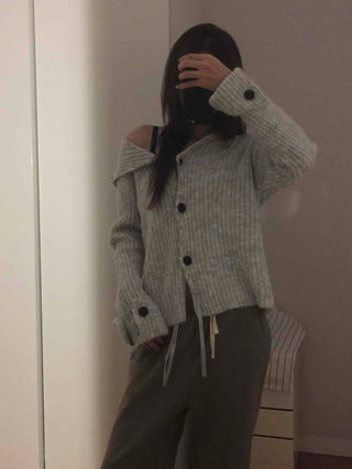 Ribbed Knit Off-Shoulder Button Cardigan