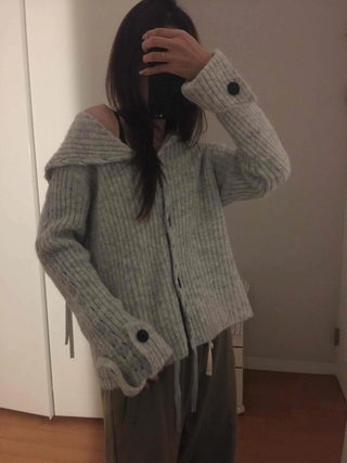 Ribbed Knit Off-Shoulder Button Cardigan