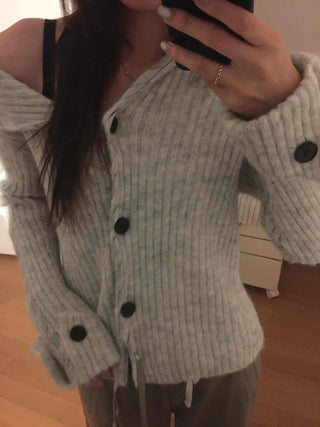 Ribbed Knit Off-Shoulder Button Cardigan