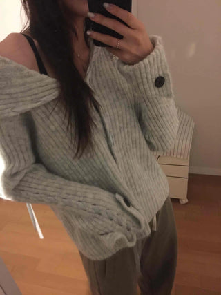 Ribbed Knit Off-Shoulder Button Cardigan