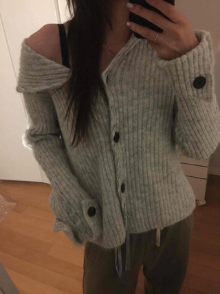 Ribbed Knit Off-Shoulder Button Cardigan