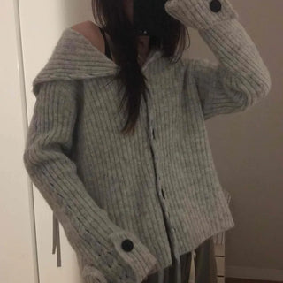 Ribbed Knit Off-Shoulder Button Cardigan