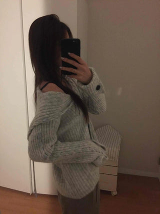 Ribbed Knit Off-Shoulder Button Cardigan