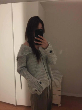 Ribbed Knit Off-Shoulder Button Cardigan