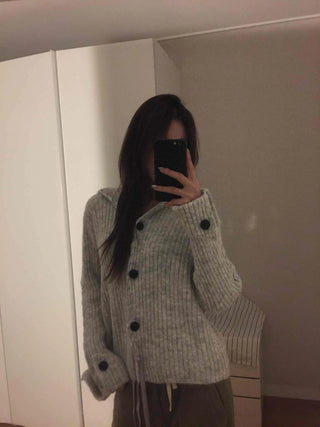 Ribbed Knit Off-Shoulder Button Cardigan