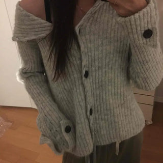 Ribbed Knit Off-Shoulder Button Cardigan