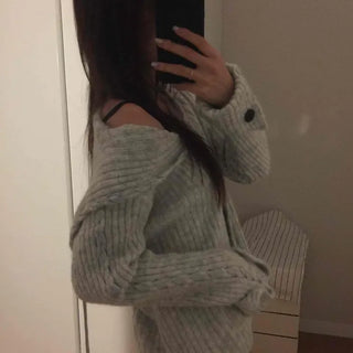 Ribbed Knit Off-Shoulder Button Cardigan