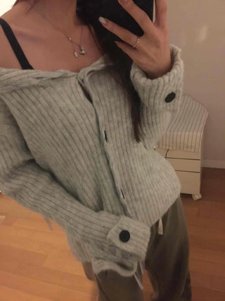 Ribbed Knit Off-Shoulder Button Cardigan