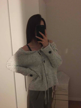 Ribbed Knit Off-Shoulder Button Cardigan