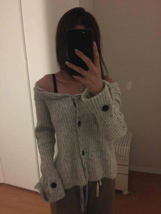 Ribbed Knit Off-Shoulder Button Cardigan