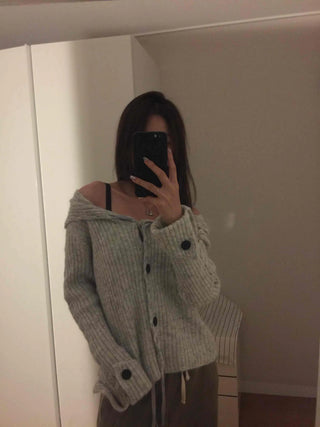 Ribbed Knit Off-Shoulder Button Cardigan
