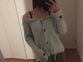 Ribbed Knit Off-Shoulder Button Cardigan