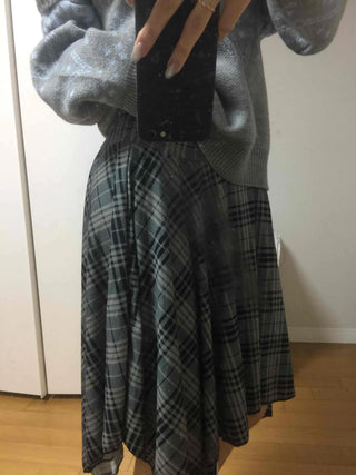 Ash Asymmetrical Hem Two-Tone Check Midi Skirt