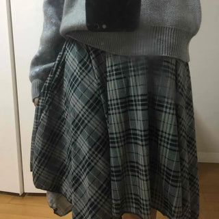Ash Asymmetrical Hem Two-Tone Check Midi Skirt