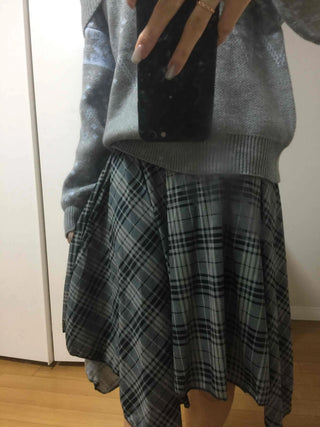 Ash Asymmetrical Hem Two-Tone Check Midi Skirt