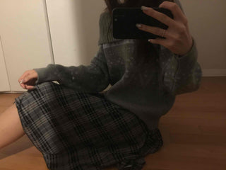 Ash Asymmetrical Hem Two-Tone Check Midi Skirt
