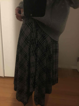 Ash Asymmetrical Hem Two-Tone Check Midi Skirt