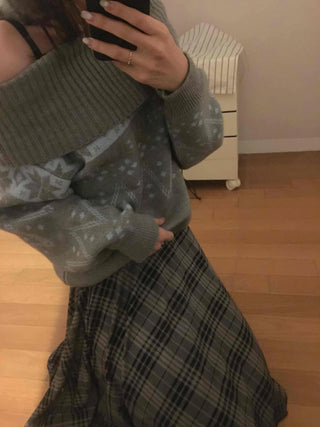 Ash Asymmetrical Hem Two-Tone Check Midi Skirt