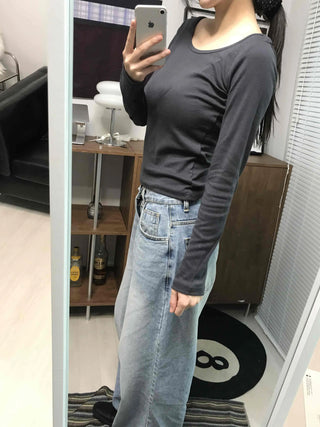 Modern Color Pigment Slim Fit Round Neck Long Sleeve Tee
