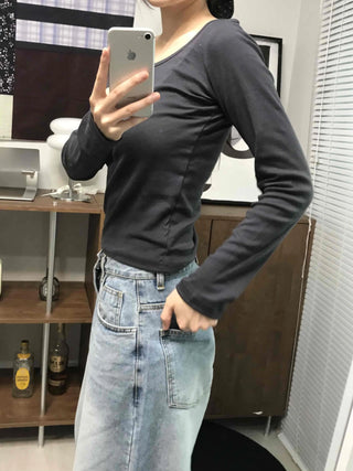 Modern Color Pigment Slim Fit Round Neck Long Sleeve Tee