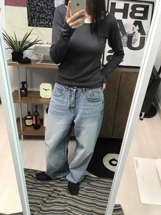 Modern Color Pigment Slim Fit Round Neck Long Sleeve Tee
