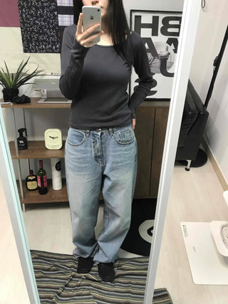 Modern Color Pigment Slim Fit Round Neck Long Sleeve Tee