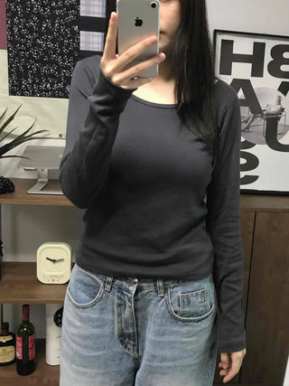 Modern Color Pigment Slim Fit Round Neck Long Sleeve Tee
