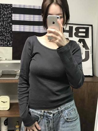 Modern Color Pigment Slim Fit Round Neck Long Sleeve Tee