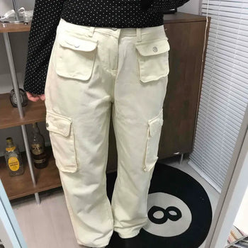 Multi-pocket cargo wide long pants