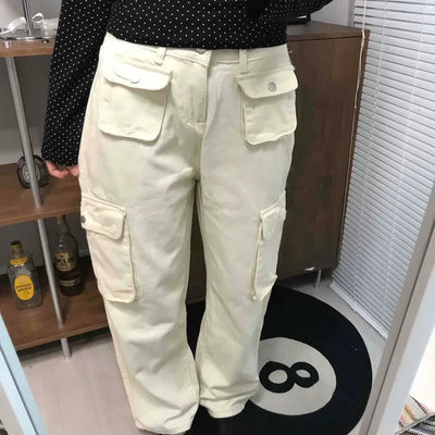 Multi-pocket cargo wide long pants